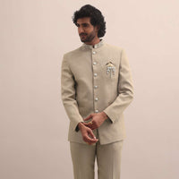 Brown Moti Embroidered Silk Jodhpuri Suit For Men
