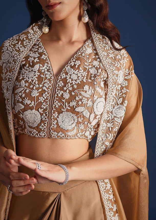 Brown Moti Work Jacket With Skirt And Crop Top