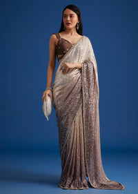 Brown Ombre Net Saree With Sequins Work