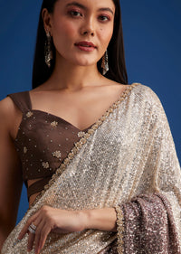 Brown Ombre Net Saree With Sequins Work