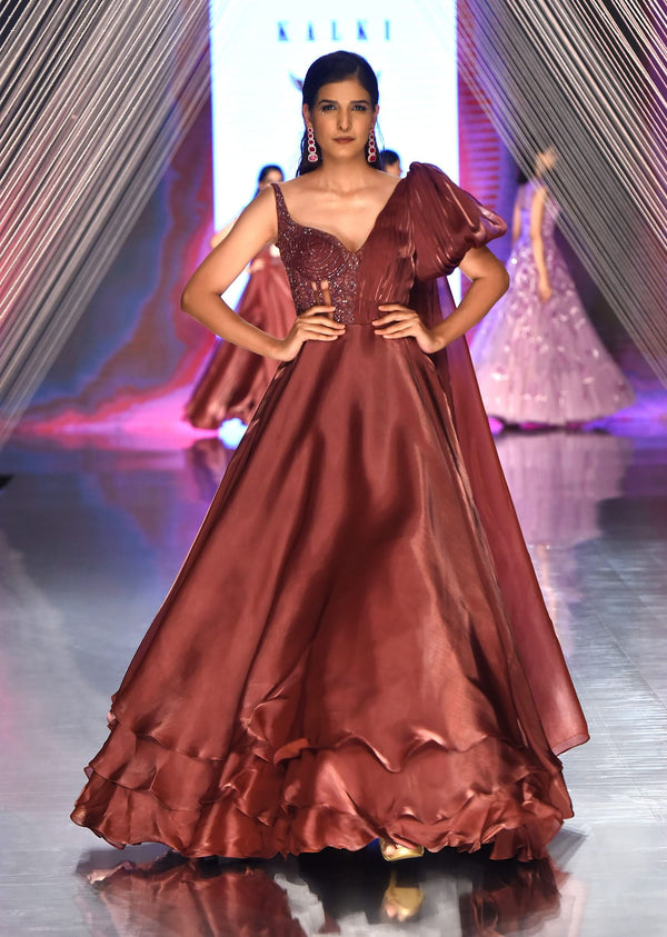 Cherry Gown In Mughal-inspired Design with Kalidar Motifs Paired With A Sleeveless Bodice And Draped Bell Sleeve On One Shoulder