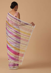 Pink Organza Striped Saree With Unstitched Blouse Piece