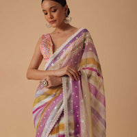 Pink Organza Striped Saree With Unstitched Blouse Piece