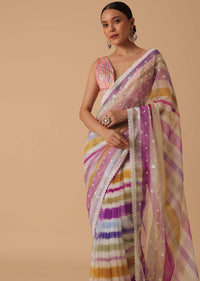 Pink Organza Striped Saree With Unstitched Blouse Piece