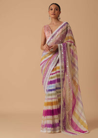 Pink Organza Striped Saree With Unstitched Blouse Piece