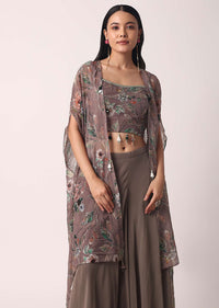 Brown Palazzo Set With Printed Jacket In Organza