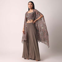 Brown Palazzo Set With Printed Jacket In Organza