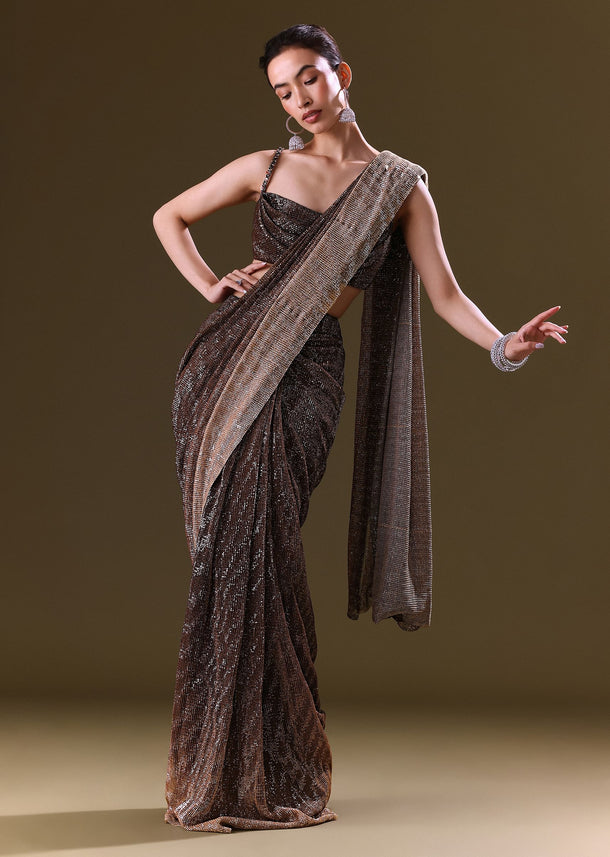 Brown Pre Stitched Saree With Cowl Blouse