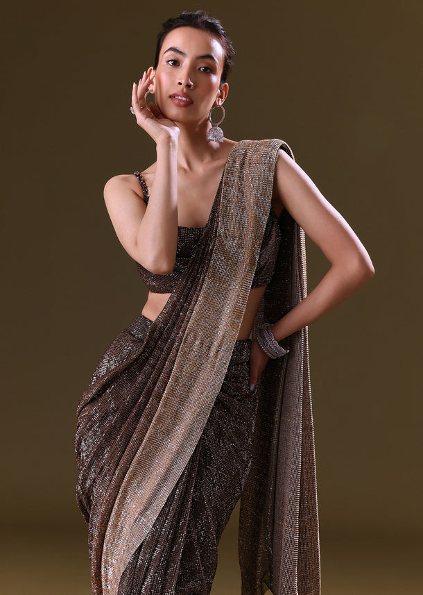 Brown Pre Stitched Saree With Cowl Blouse