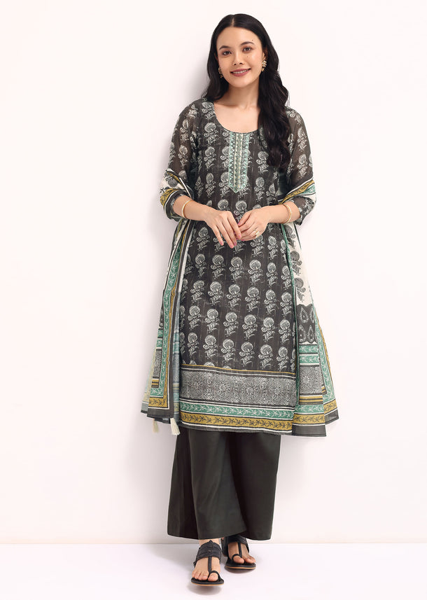 Grey Printed Chanderi Kurta Palazzo Set