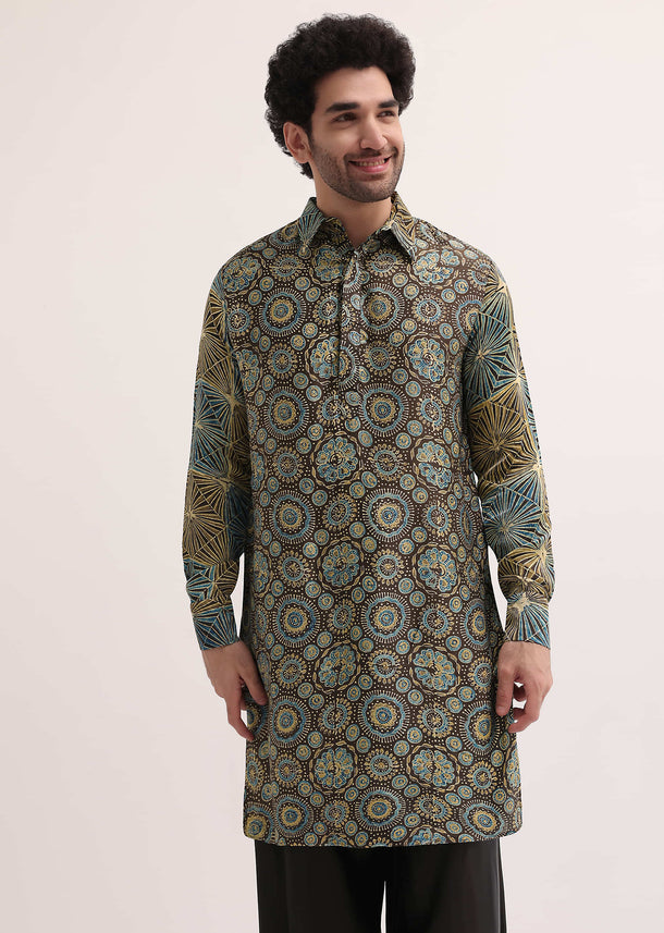 Brown Printed Kurta Patiala Set For Men