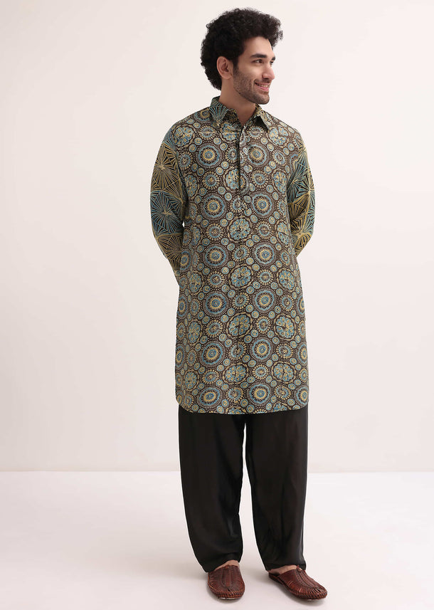 Brown Printed Kurta Patiala Set For Men