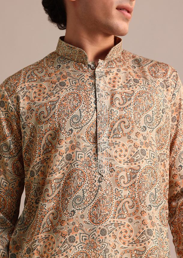 Brown Printed Mens Kurta Patiala Set