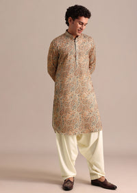 Brown Printed Mens Kurta Patiala Set