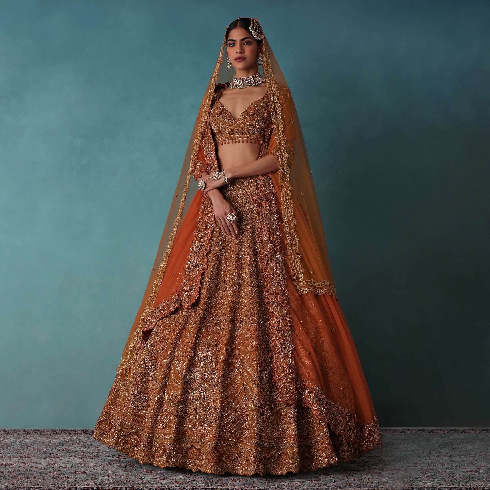 Brown Raw Silk Bridal Lehenga Set With Hand Embroidery