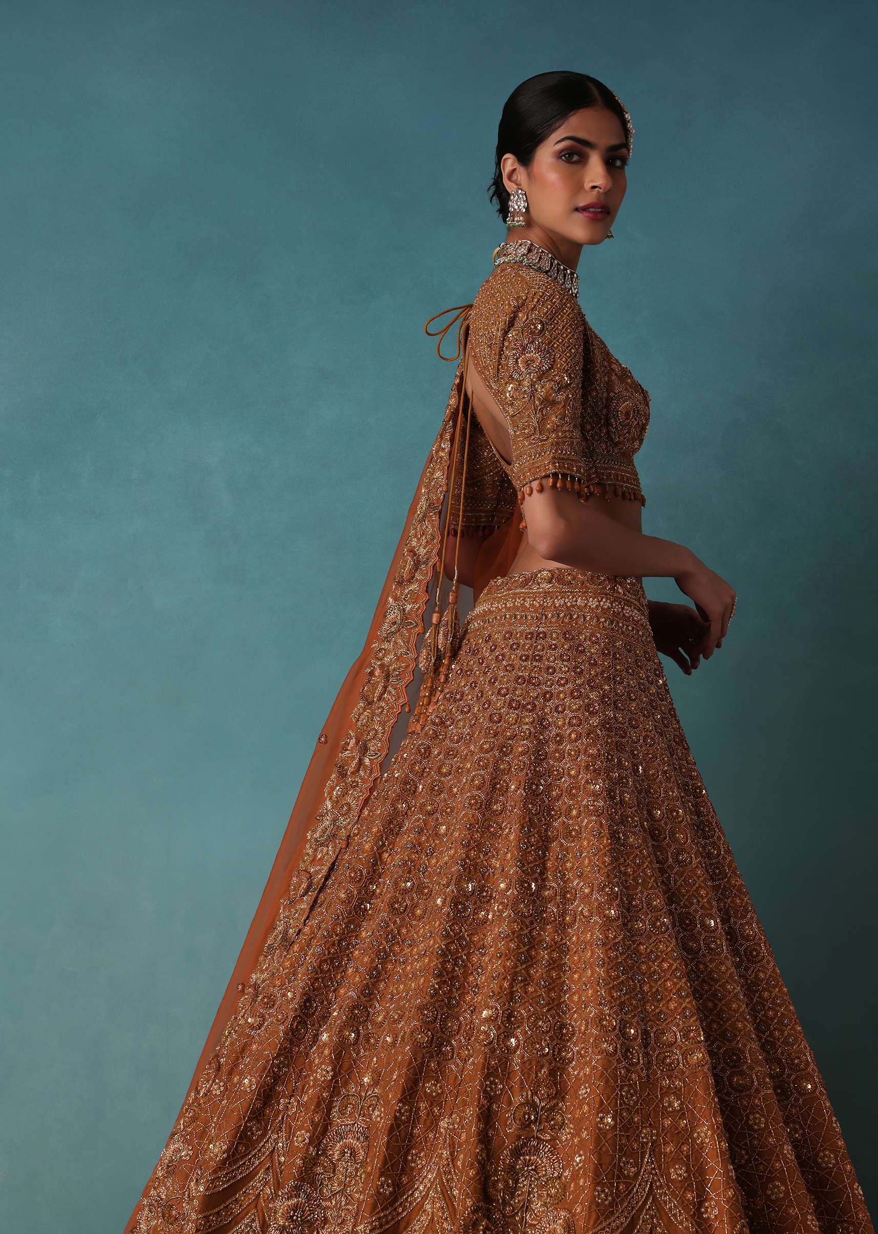 Brown Raw Silk Bridal Lehenga Set With Hand Embroidery