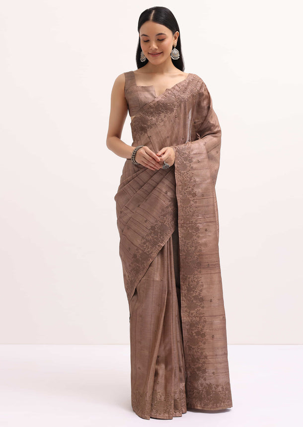 Brown Resham Work Tussar Saree With Unstitched Blouse