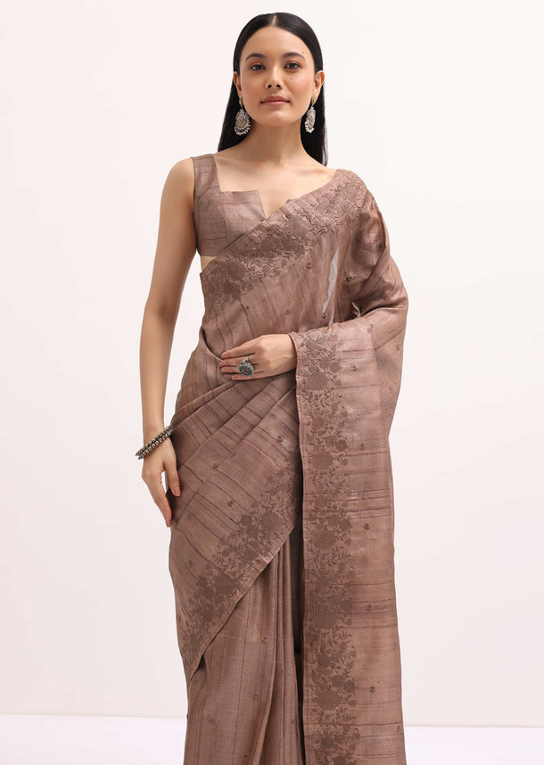 Brown Resham Work Tussar Saree With Unstitched Blouse