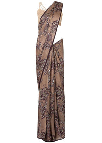 Brown saree in georgette with big floral print only on Kalki