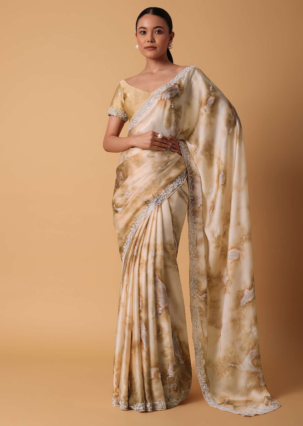 Brown Satin Marble Print Saree With Unstitched Blouse Piece