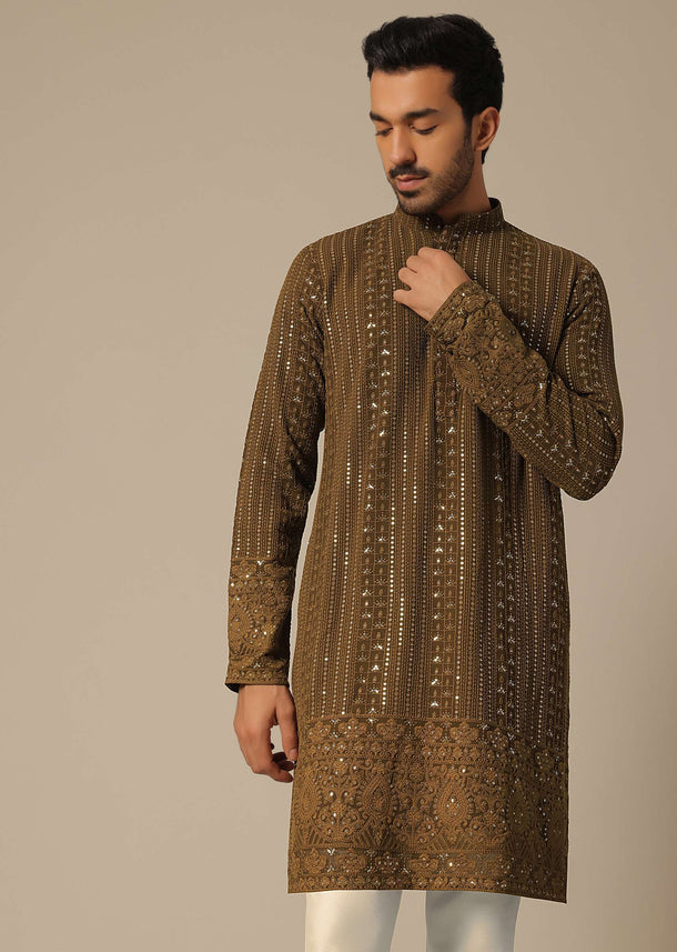 Brown Sequin Embroidered Kurta Set In Georgette