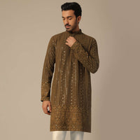 Brown Sequin Embroidered Kurta Set In Georgette