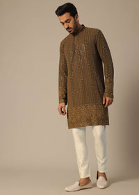 Brown Sequin Embroidered Kurta Set In Georgette