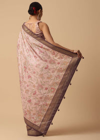 Brown Silk Kalamkari Saree With Digital Print Contrast Pallu And Unstitched Blouse