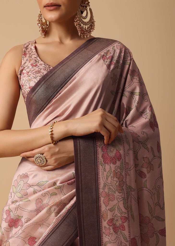 Brown Silk Kalamkari Saree With Digital Print Contrast Pallu And Unstitched Blouse