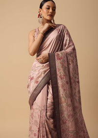 Brown Silk Kalamkari Saree With Digital Print Contrast Pallu And Unstitched Blouse