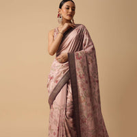 Brown Silk Kalamkari Saree With Digital Print Contrast Pallu And Unstitched Blouse