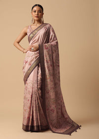 Brown Silk Kalamkari Saree With Digital Print Contrast Pallu And Unstitched Blouse