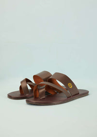 Dark Brown Strappy Slides For Men In Leather With Buttons