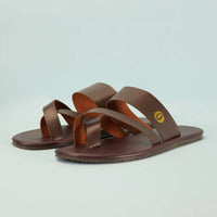 Dark Brown Strappy Slides For Men In Leather With Buttons