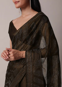 Brown Swarovski Studded Satin Saree With Unstitched Blouse Piece