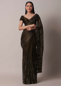 Brown Swarovski Studded Satin Saree With Unstitched Blouse Piece