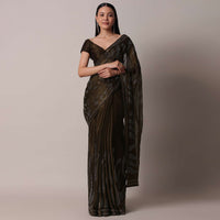 Brown Swarovski Studded Satin Saree With Unstitched Blouse Piece