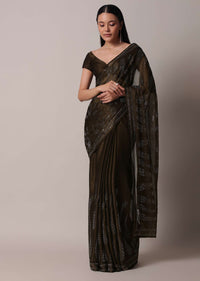 Brown Swarovski Studded Satin Saree With Unstitched Blouse Piece