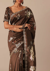 Brown Tussar Saree With Mirror Detail And Unstitched Blouse Piece