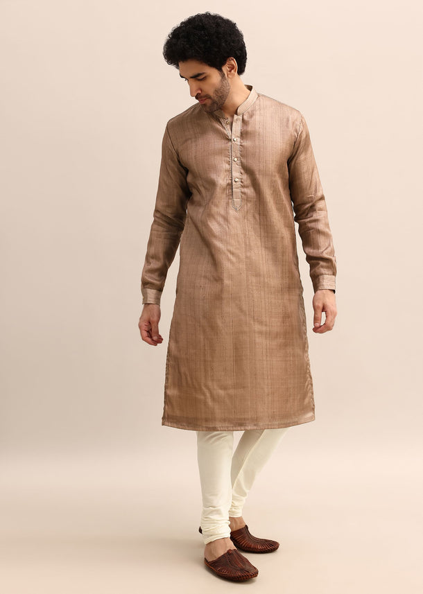 Brown Tussar Silk Plain Kurta Pyjama For Men