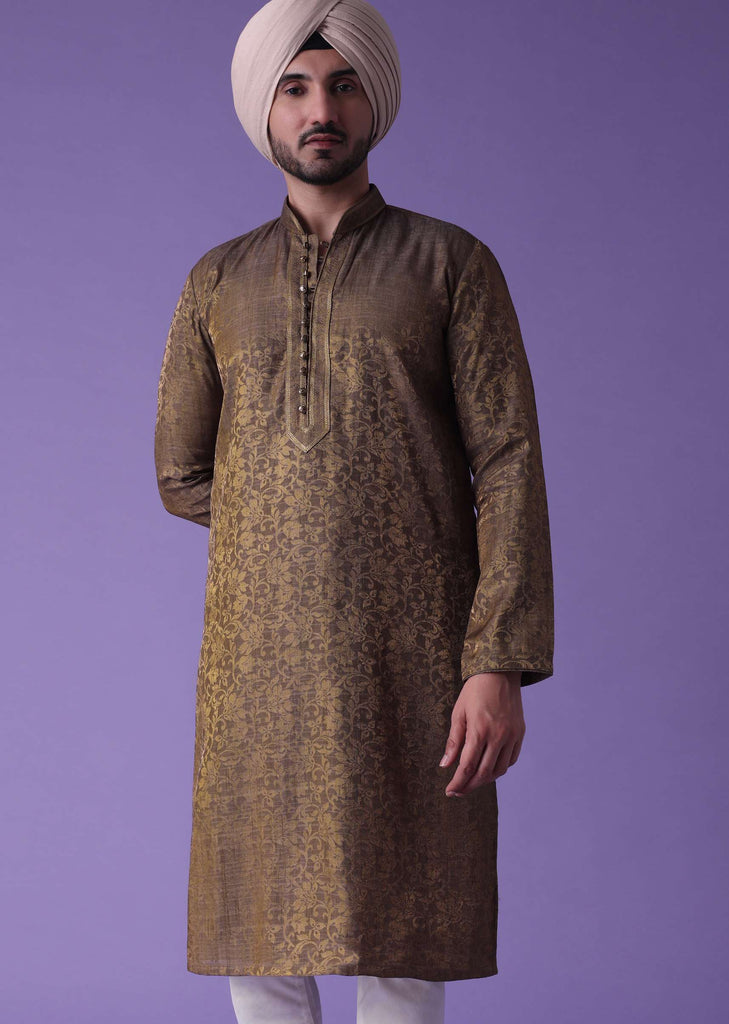 Brown Two Tone Kurta Set In Foil Jacquard