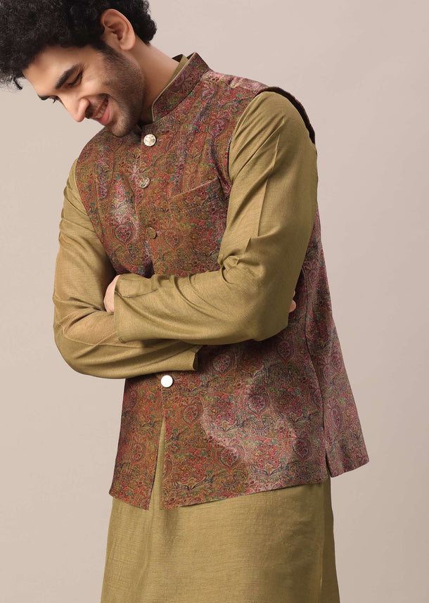 Brown Velvet Jacket And Kurta Set