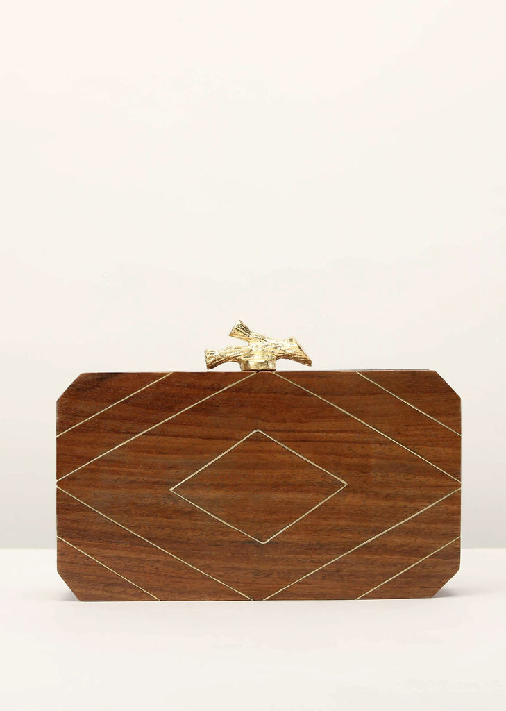 Brown Wood Box Clutch With Geometric Edges And Metal Accented Diamond Design
