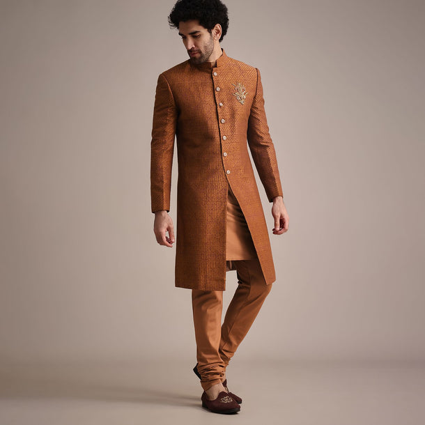 Brown Zari Embroidered Sherwani Suit With Mandarin Collar