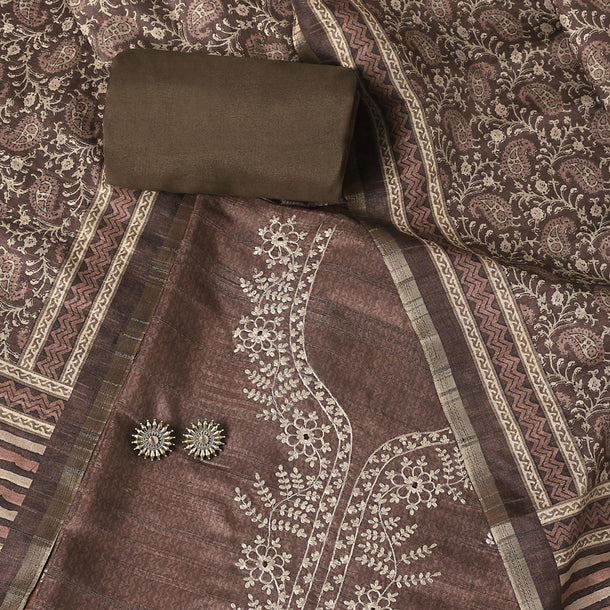 Brown Zari Embroidered Tussar Unstitched Dress Material With Kalamkari Printed Dupatta