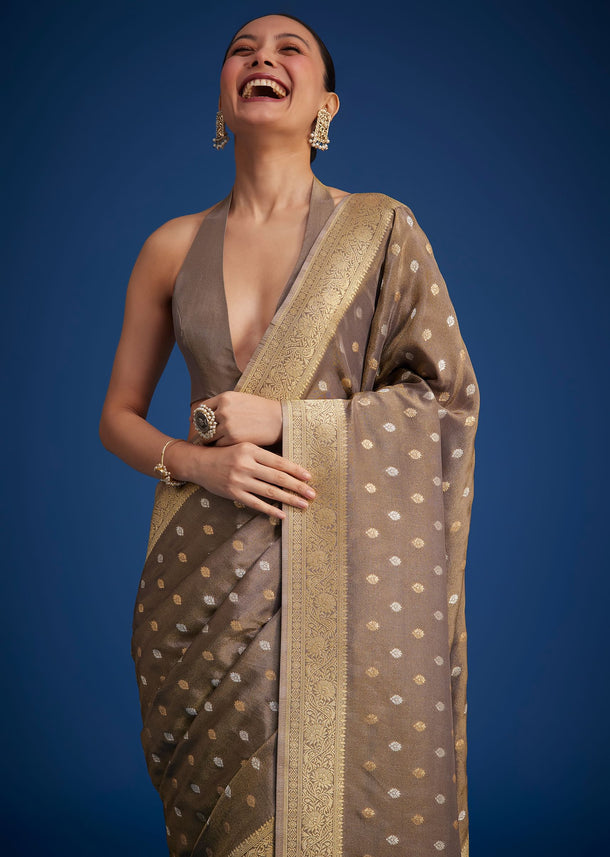 Brownish Grey Tissue Silk Saree With Zari Border And Butti Work