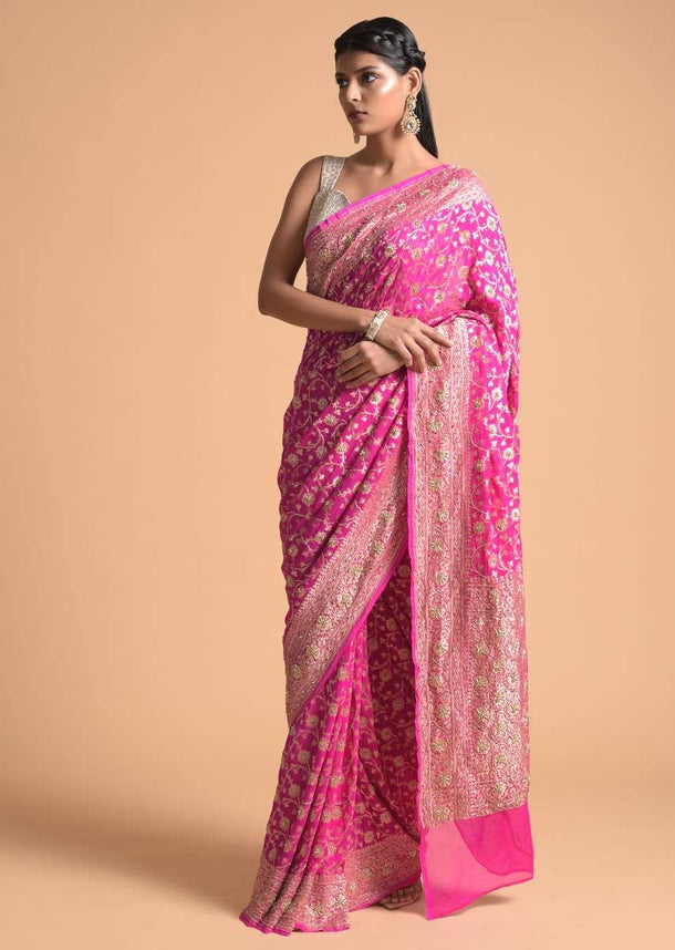 Bubblegum Pink Saree In Georgette With Brocade Floral Jaal And Cut Dana Highlights