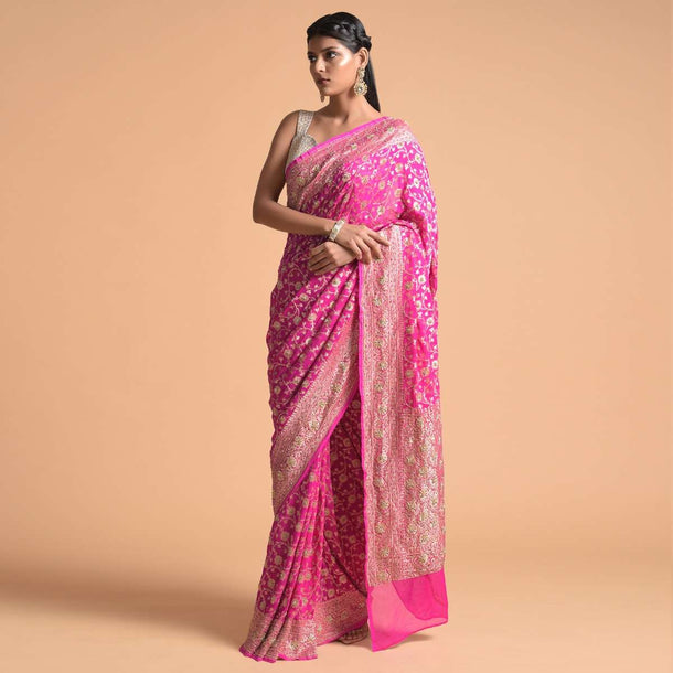 Bubblegum Pink Saree In Georgette With Brocade Floral Jaal And Cut Dana Highlights