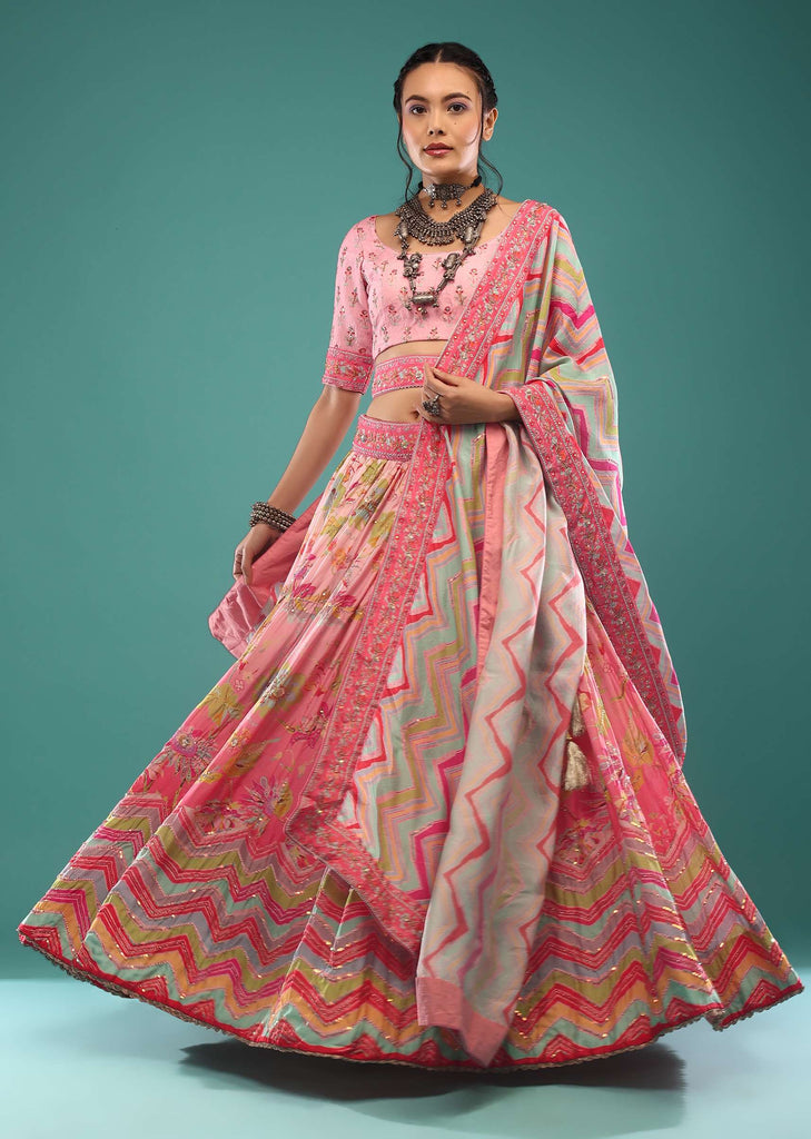 Bubblegum Pink Multicolored Jaiprint Lehenga In Sequins Embroidery, Paired With A Choli And Dupatta In Sequins, Cut Dana And Moti Embroidery