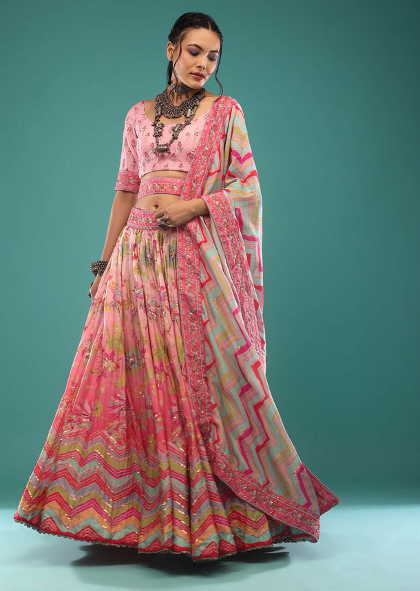 Bubblegum Pink Multicolored Jaiprint Lehenga In Sequins Embroidery, Paired With A Choli And Dupatta In Sequins, Cut Dana And Moti Embroidery